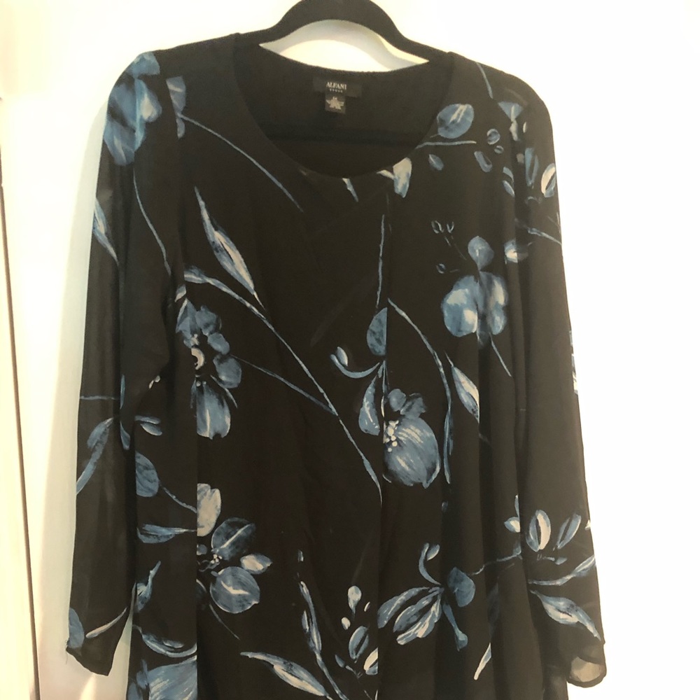 Asymmetrical navy and blue tonic, soft floaty top